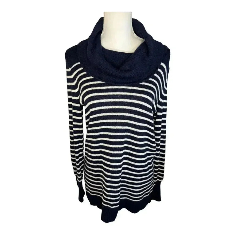 RALPH LAUREN Womenโs Small Navy Blue & White Striped Wool Blend Cowl Neckโ Tunic